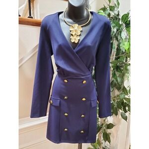 Unique 21 Women's Blue Polyester Blend V-Neck Long Sleeve Knee Length Dress 10